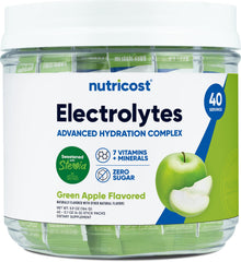 Nutricost Electrolytes Complex green apple stickpack close-up for quick hydration