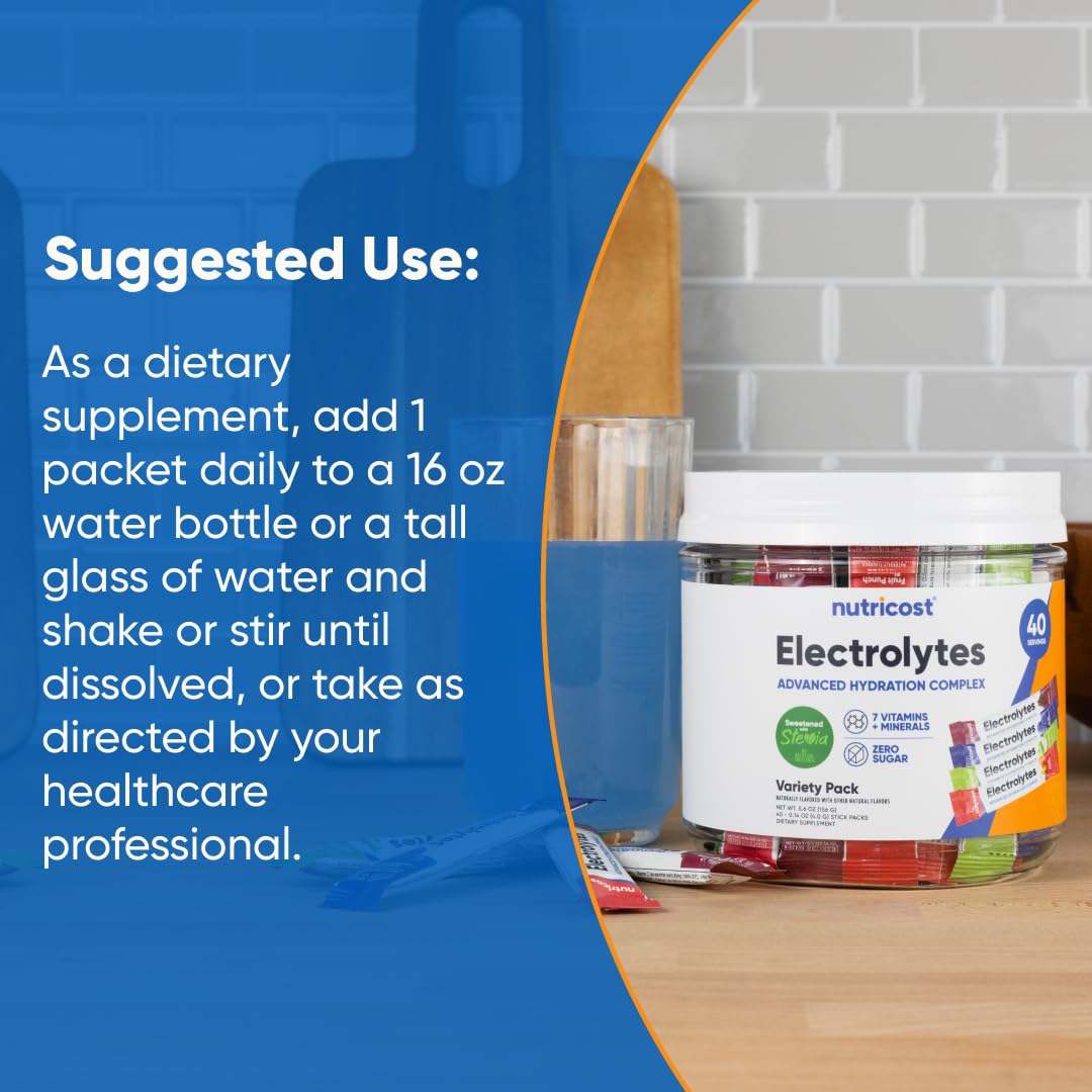 Nutricost Electrolytes Stevia-sweetened label highlights natural sweetness.