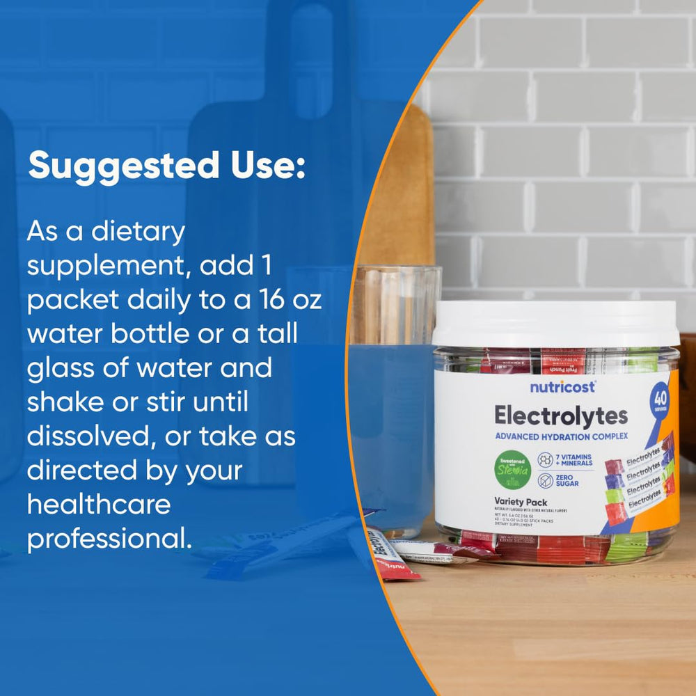 Nutricost Electrolytes Stevia-sweetened label highlights natural sweetness.