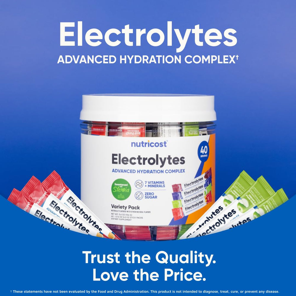 Nutricost Electrolytes Variety Pack front-label showing four flavors.