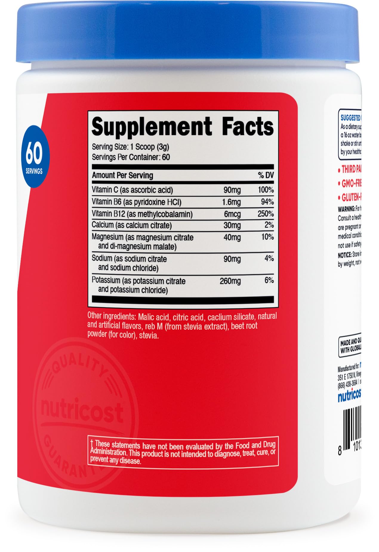 Nutricost Electrolytes Watermelon packaging highlighting zero sugar and gluten-free