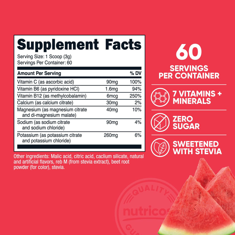 Nutricost Electrolytes Watermelon pour showing refreshing hydration during workouts