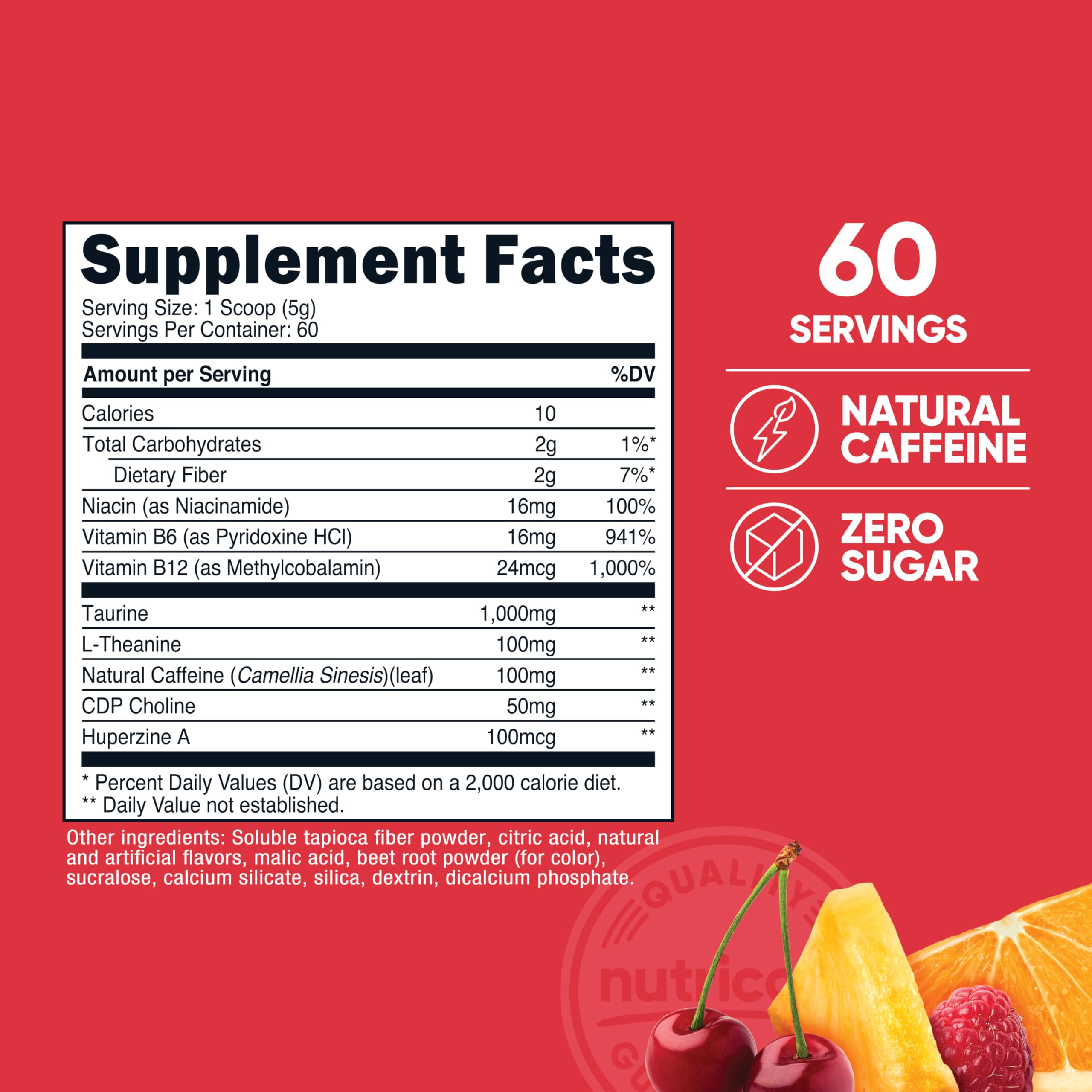 Nutricost Energy Complex Fruit Punch scoop inside the jar showing 60 servings per bottle.