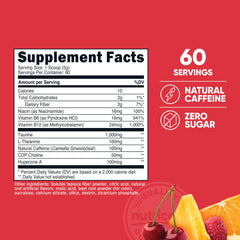 Nutricost Energy Complex Fruit Punch scoop inside the jar showing 60 servings per bottle.