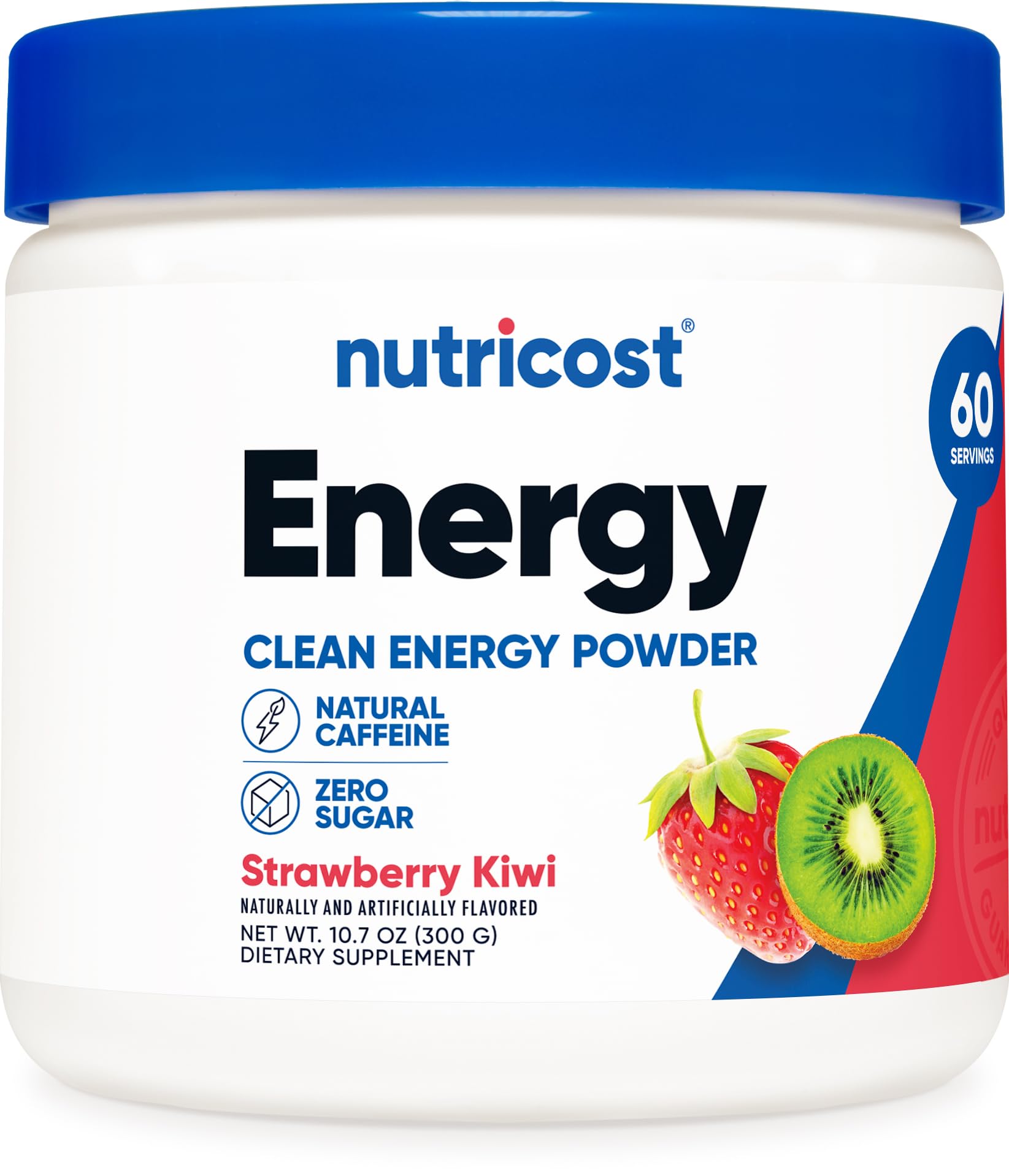 Nutricost Energy Complex bottle in strawberry kiwi flavor on kitchen counter for daily energy