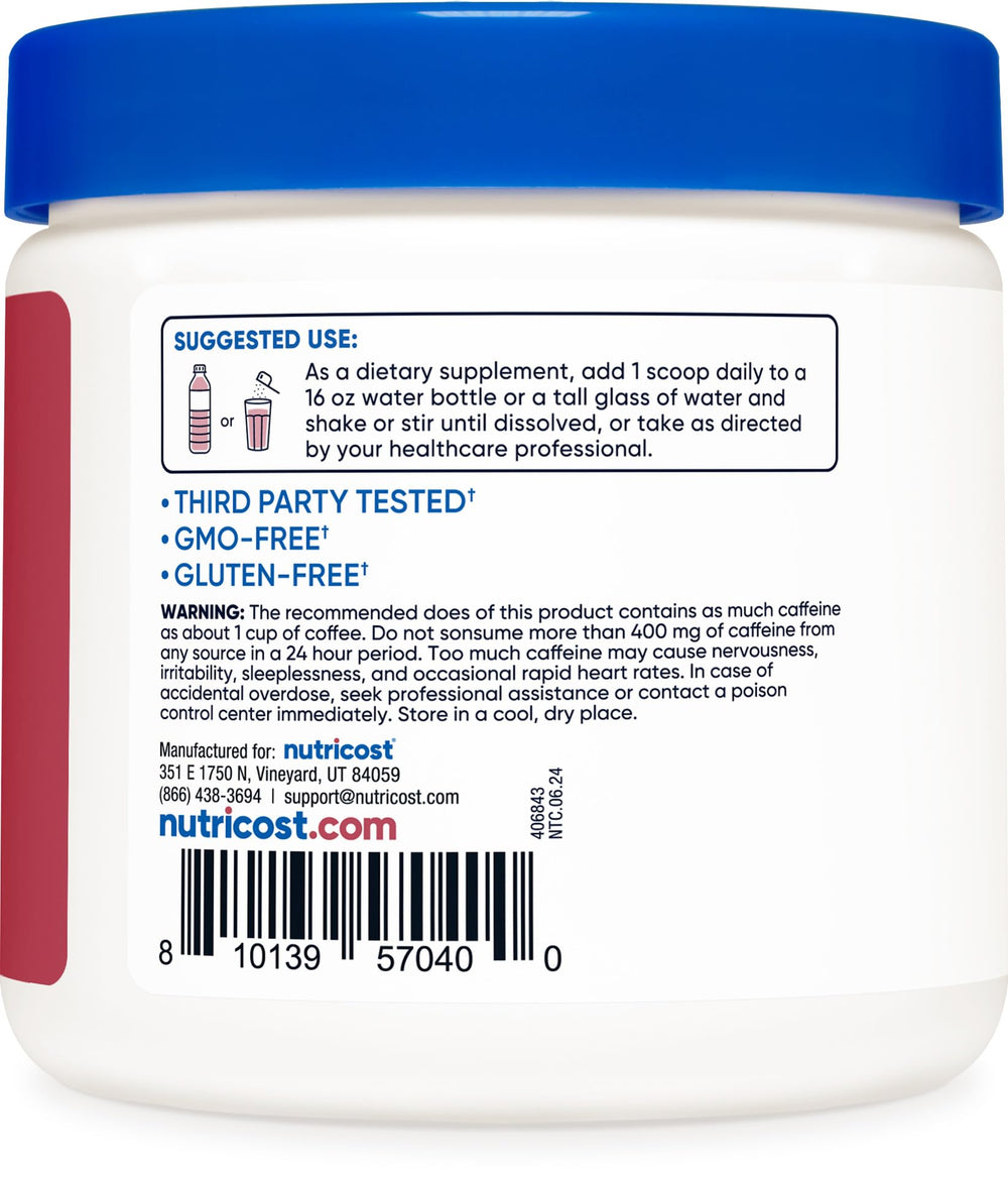 Nutricost Energy Drink Powder bottle label highlighting gluten-free and non-GMO