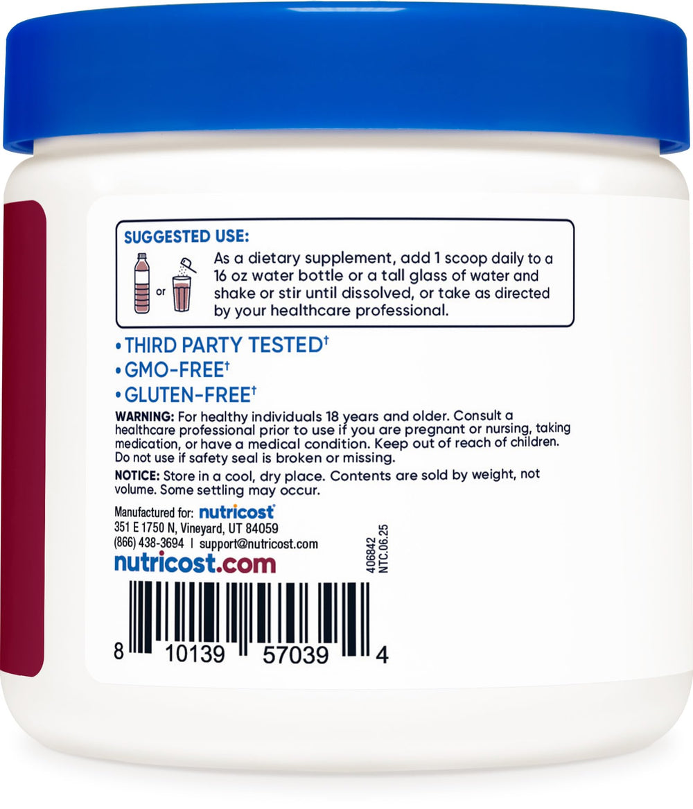 Nutricost Energy Drink Powder (Grape) packaging on display showing non-GMO, gluten-free formula.