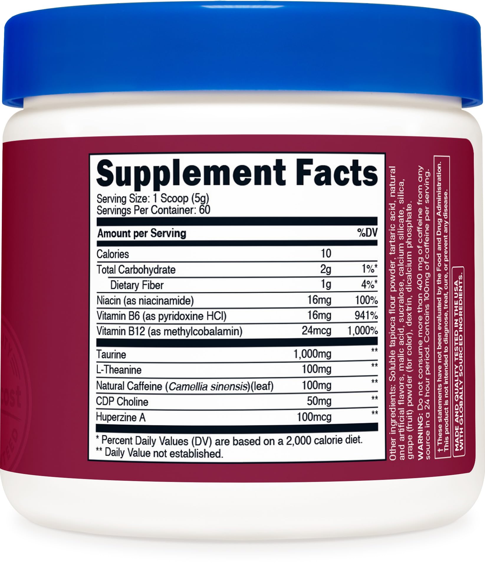 Nutricost Energy Drink Powder (Grape) scoop beside bottle suggests convenient 60-serving supply.