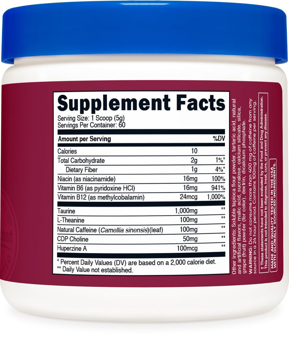 Nutricost Energy Drink Powder (Grape) scoop beside bottle suggests convenient 60-serving supply.