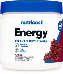 Nutricost Energy Drink Powder (Grape) tub with vibrant grape flavor offering an energy boost.