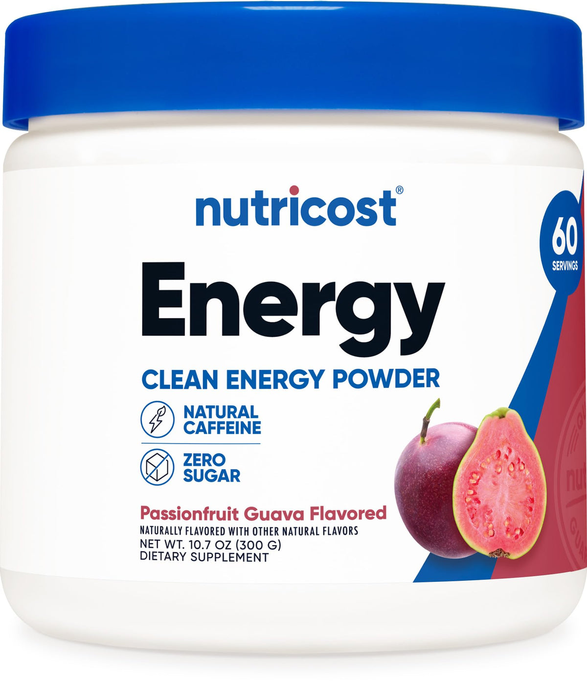 Nutricost Energy Drink Powder tub in Passionfruit Guava for pre-workout energy