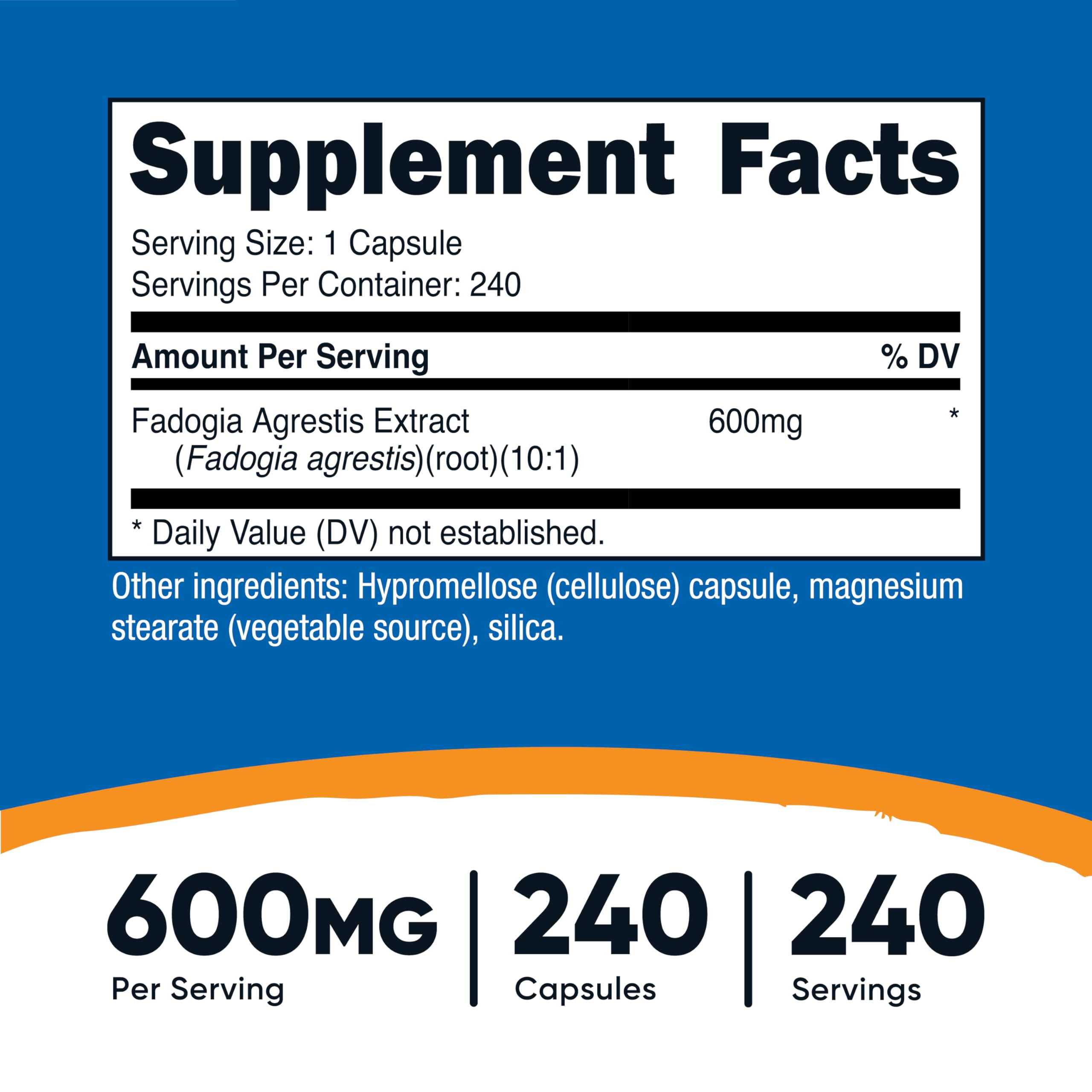 Nutricost Fadogia Agrestis capsule close-up showing 600 mg serving for workouts