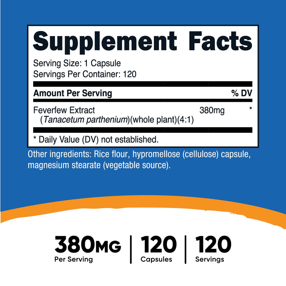 Nutricost Feverfew capsules bottle side shows gluten-free and non-GMO notes