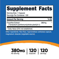 Nutricost Feverfew capsules bottle side shows gluten-free and non-GMO notes