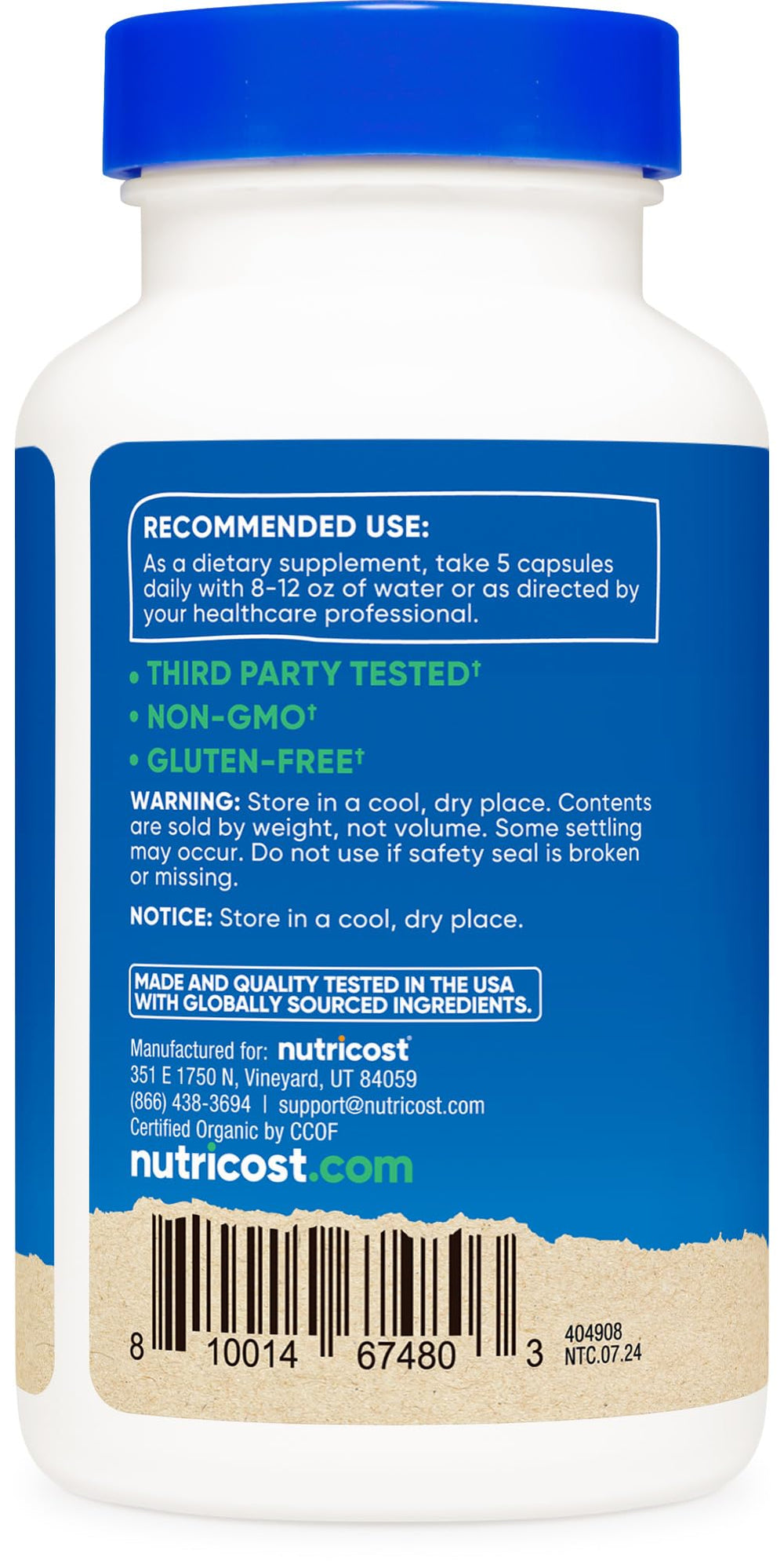 Nutricost bottle with GMP seal indicates safe manufacturing standards