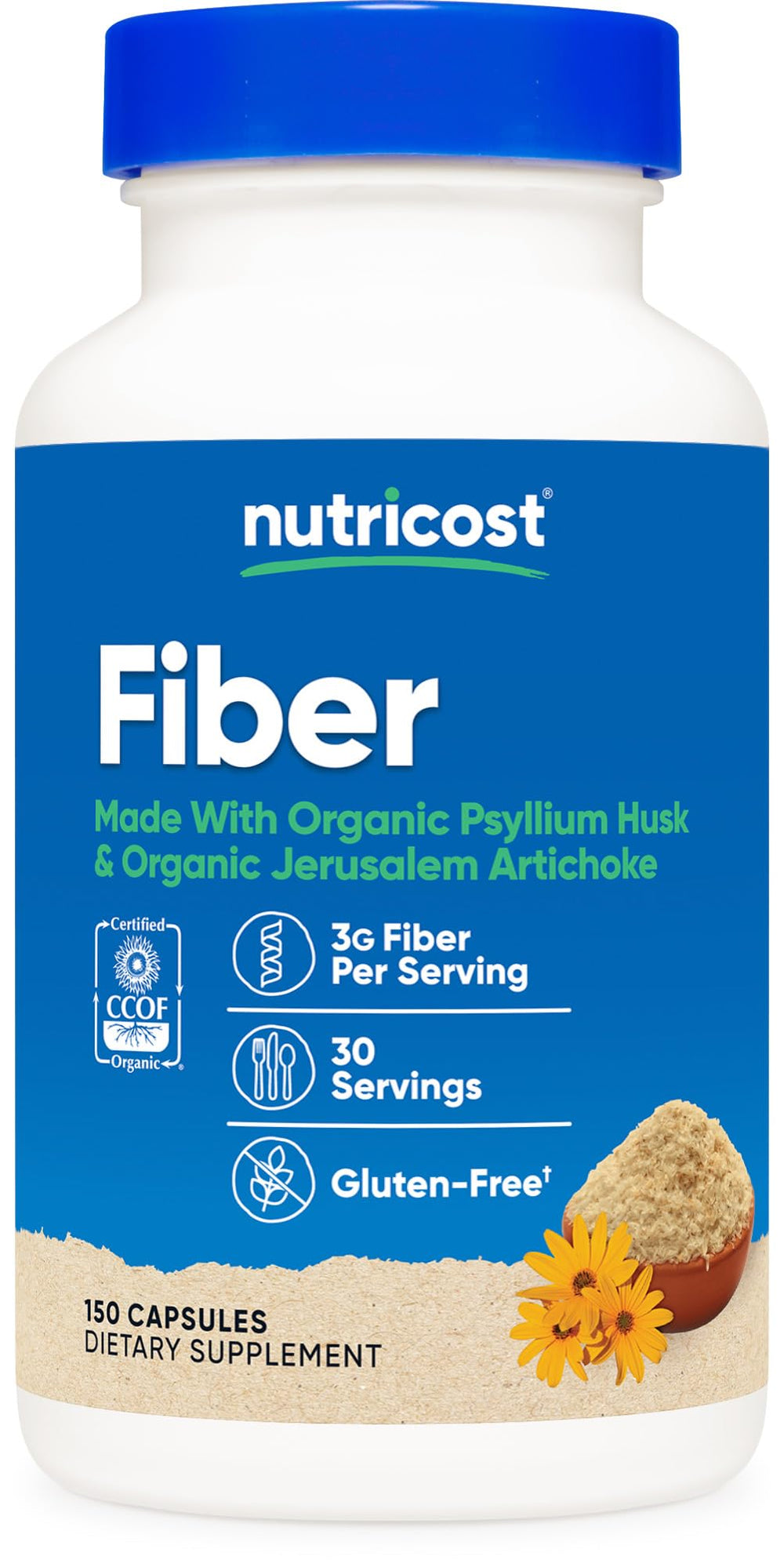 Nutricost Fiber Capsules bottle label with organic psyllium husk emphasizes daily fiber