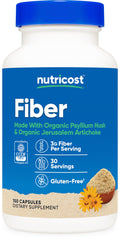 Nutricost Fiber Capsules bottle label with organic psyllium husk emphasizes daily fiber