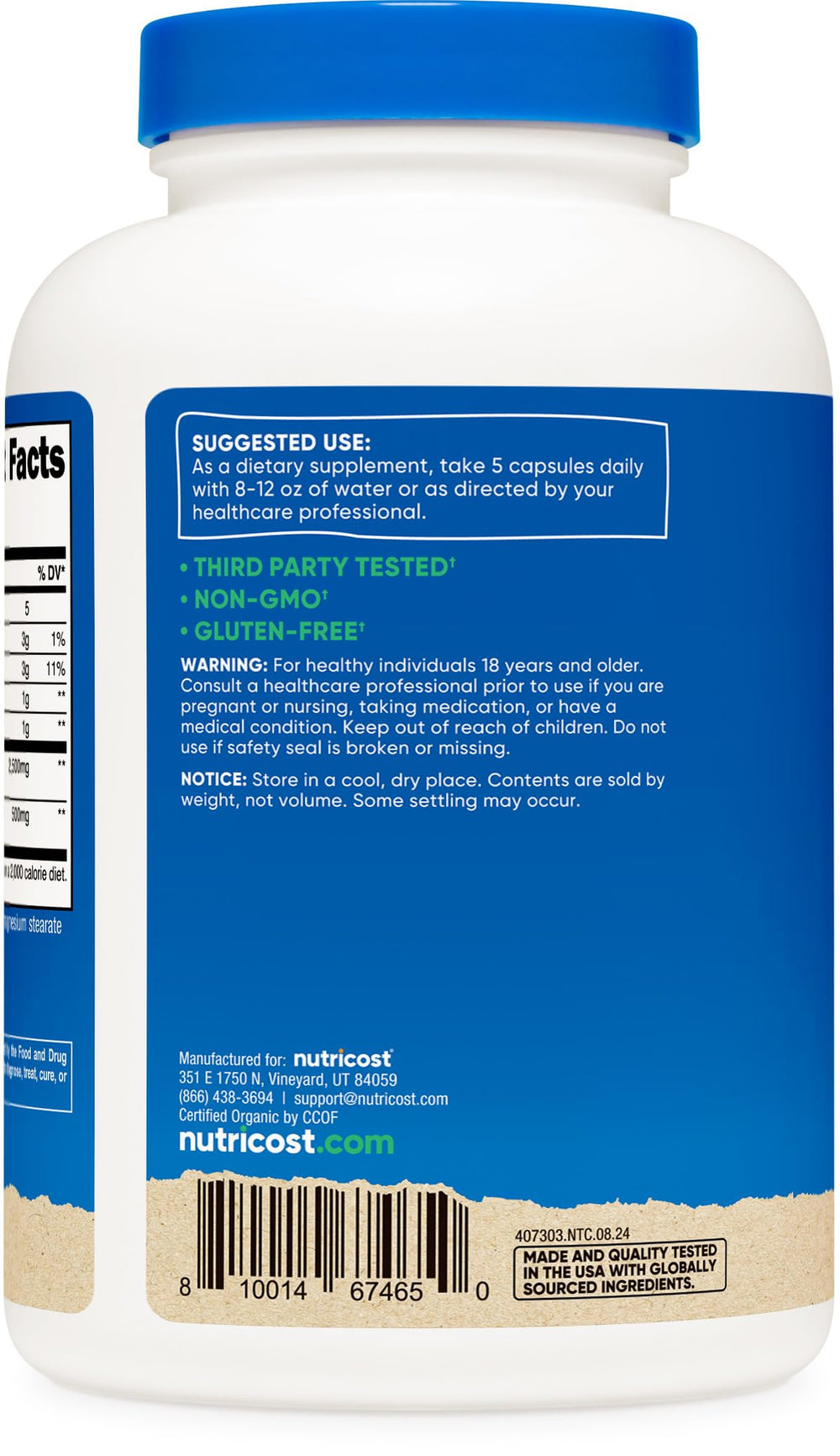 Nutricost Fiber Capsules packaging shows organic certification and gluten-free status.