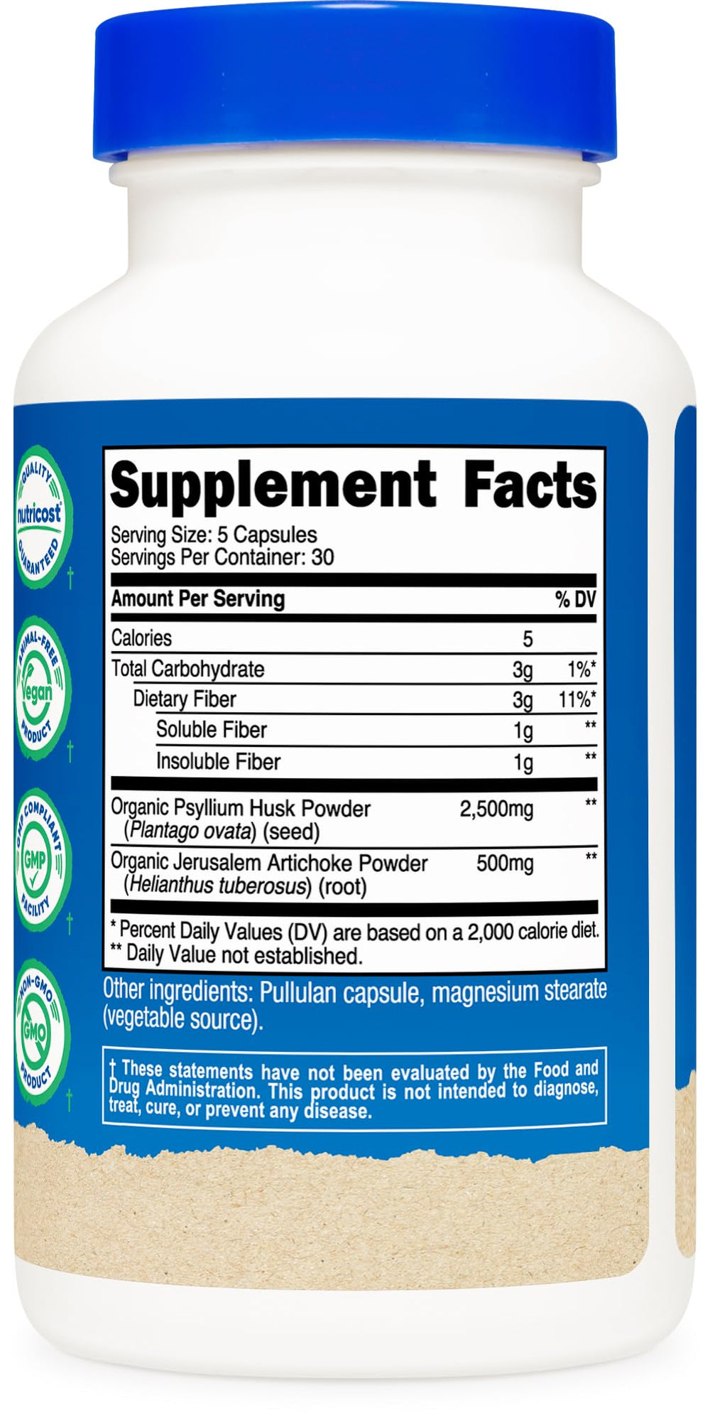 Nutricost fiber capsules serving size image demonstrates 3 g per serving