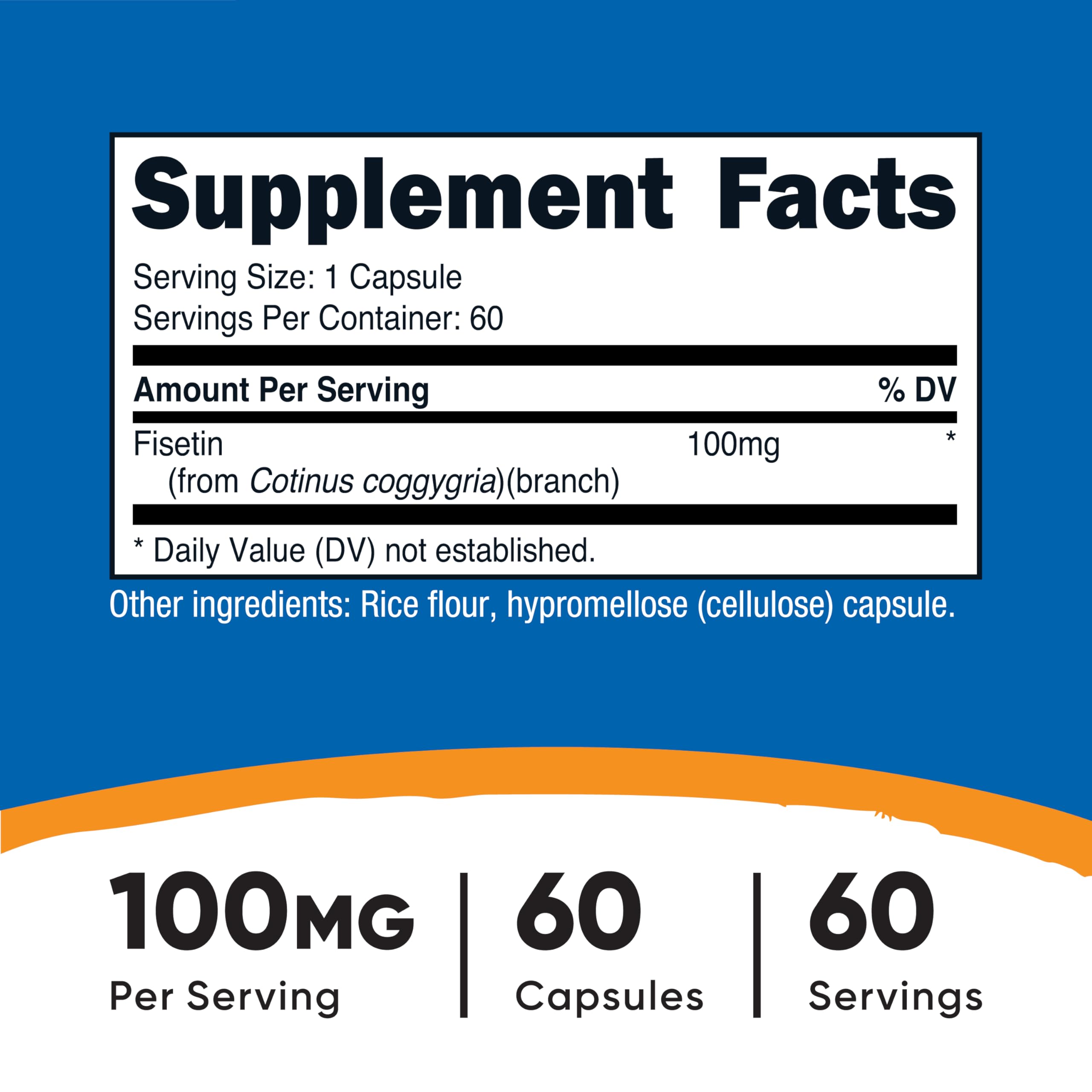 Nutricost Fisetin capsules 100 mg serving label highlights consistent daily dosage.