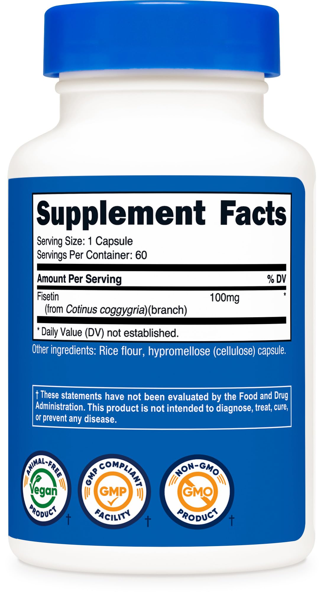 Close-up of Nutricost Fisetin capsules with readable label and quality impression.