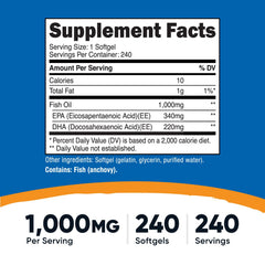 Nutricost Fish Oil Softgels bottle back, listing 240 capsules and 1000mg per softgel