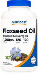 Nutricost flaxseed oil bottle with softgels for daily wellness routine.
