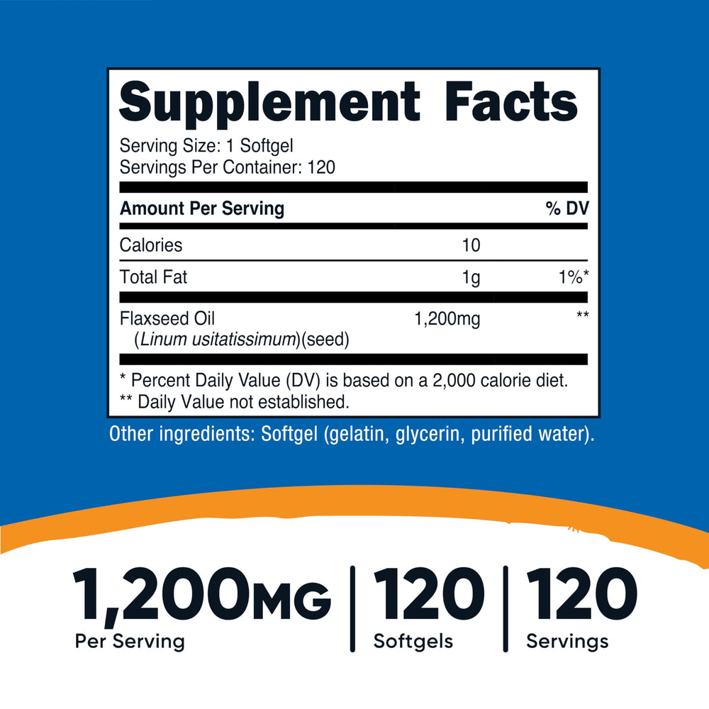 Close-up of Nutricost flaxseed oil softgels highlighting a 1200mg serving.