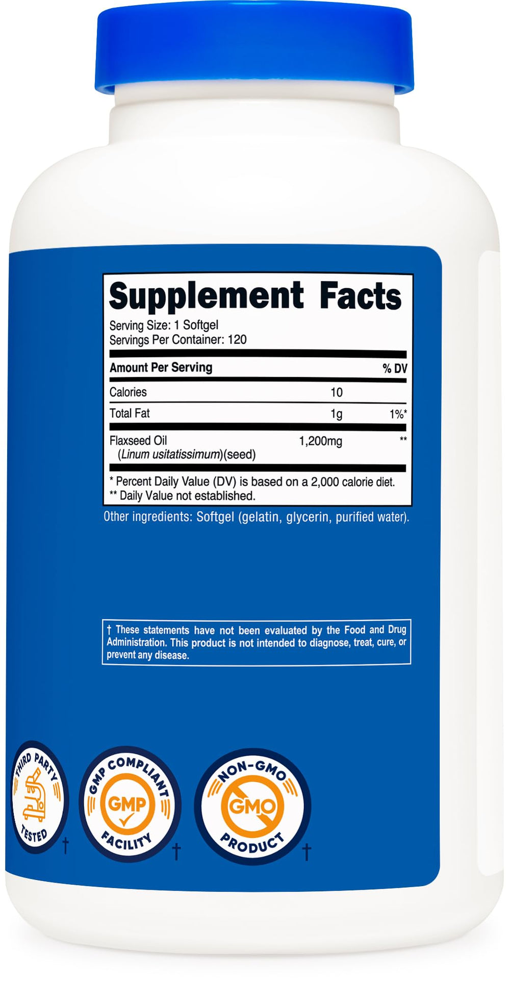 Nutricost flaxseed oil on a kitchen counter signals ready-to-use daily supplement.