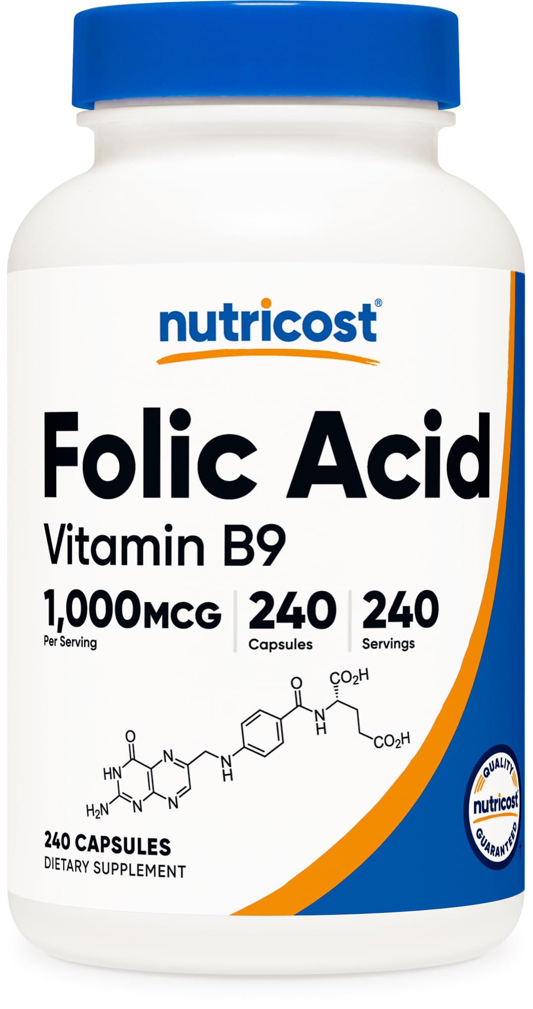 Nutricost Folic Acid 1000 mcg bottle front, supports daily wellness in a simple capsule routine