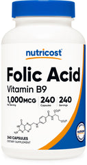 Nutricost Folic Acid 1000 mcg bottle front, supports daily wellness in a simple capsule routine