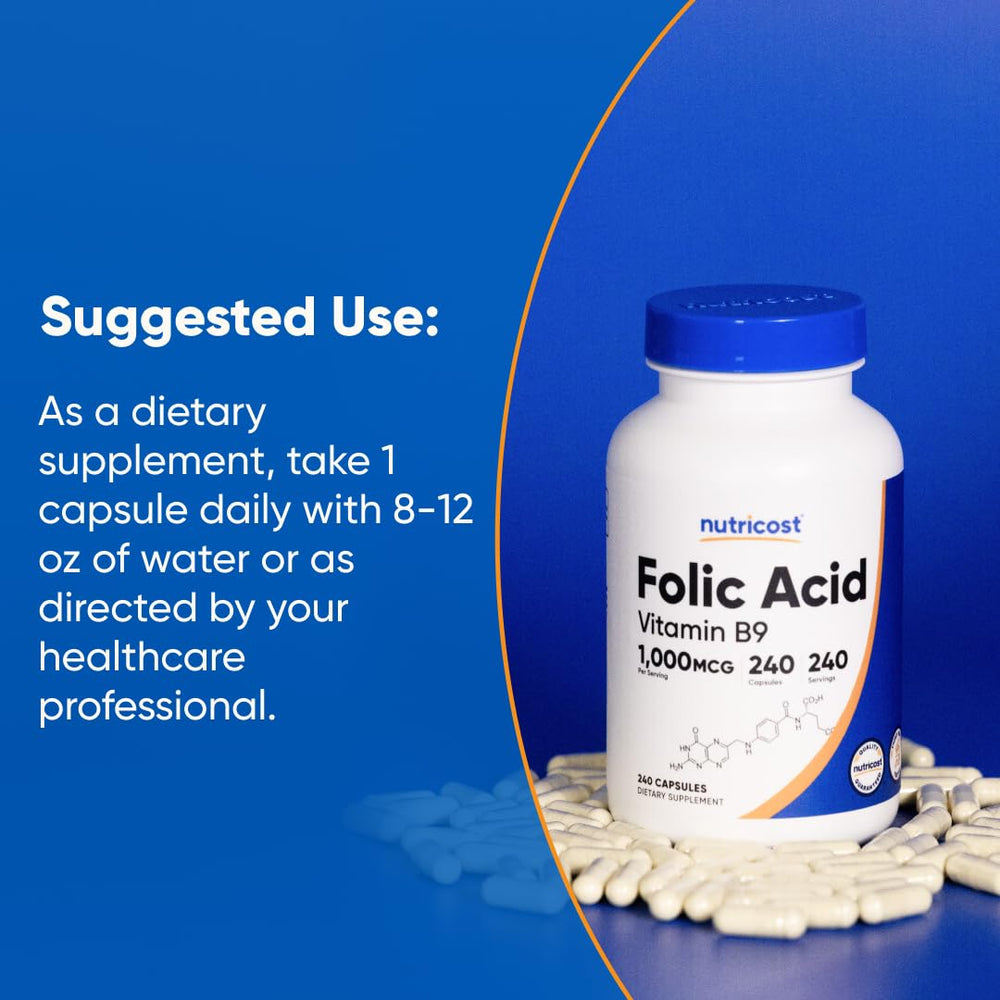 Nutricost Folic Acid bottle on wooden surface for retail presentation