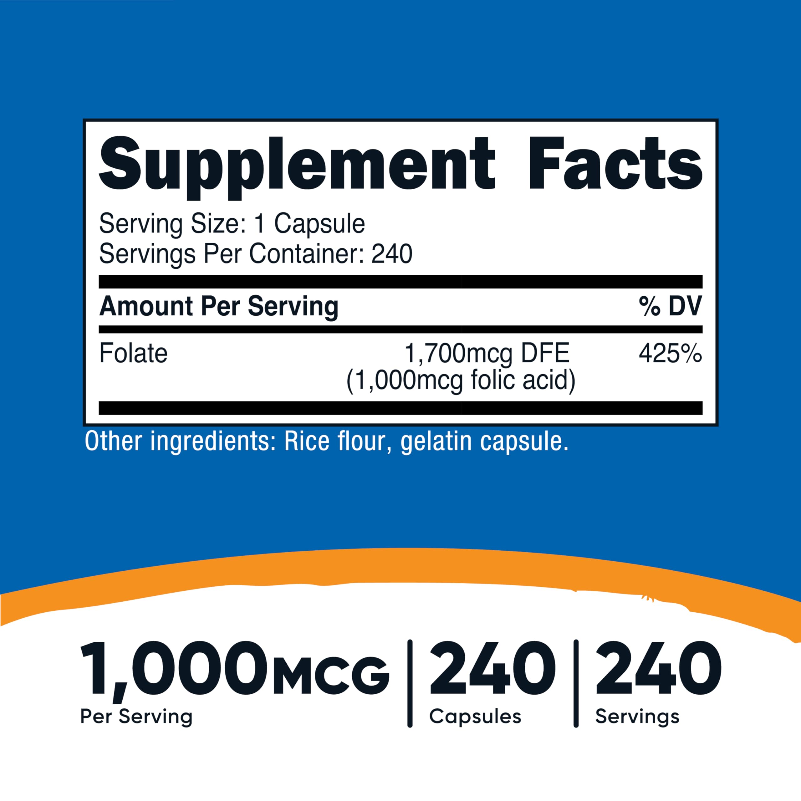 Nutricost Folic Acid capsules closeup, 240-count bottle for a convenient daily supplement