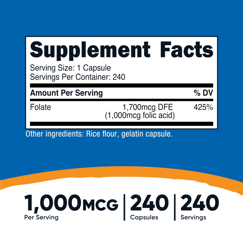 Nutricost Folic Acid capsules closeup, 240-count bottle for a convenient daily supplement
