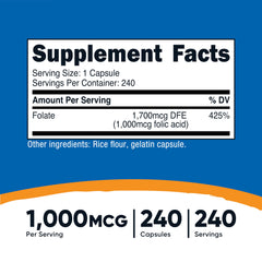 Nutricost Folic Acid capsules closeup, 240-count bottle for a convenient daily supplement