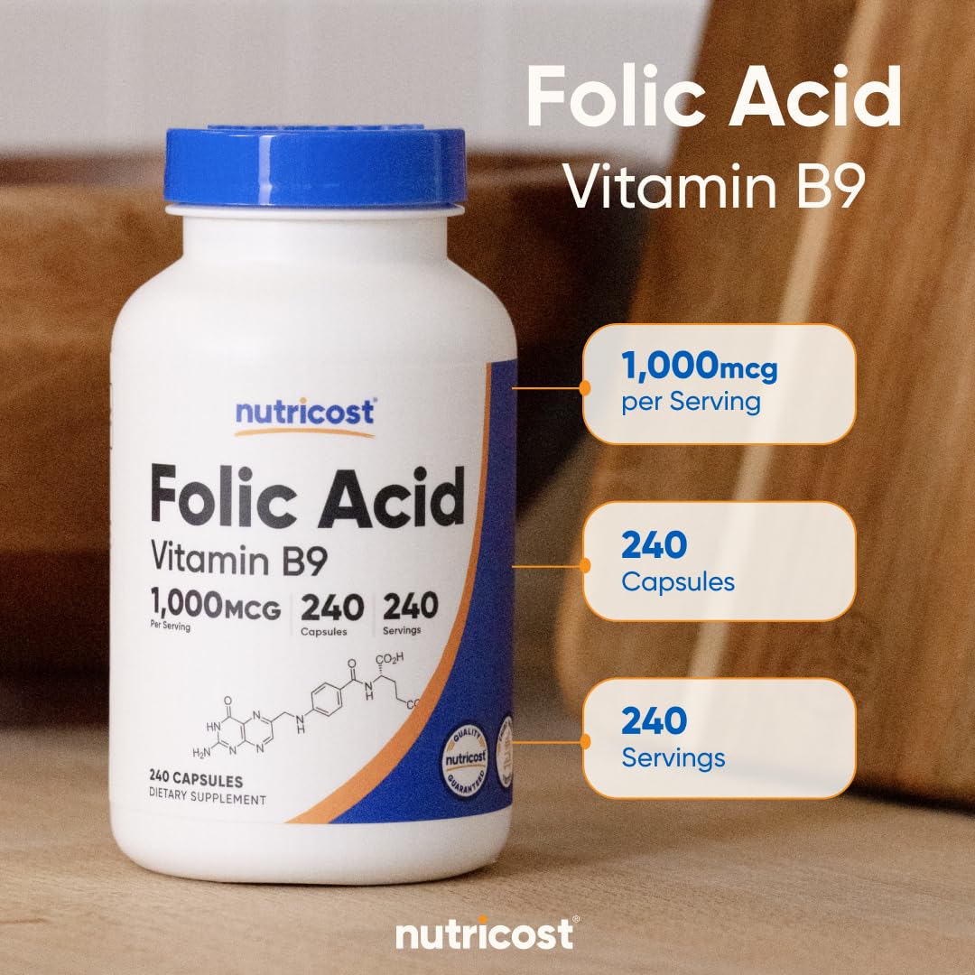 Nutricost Folic Acid bottle with certifications text on packaging