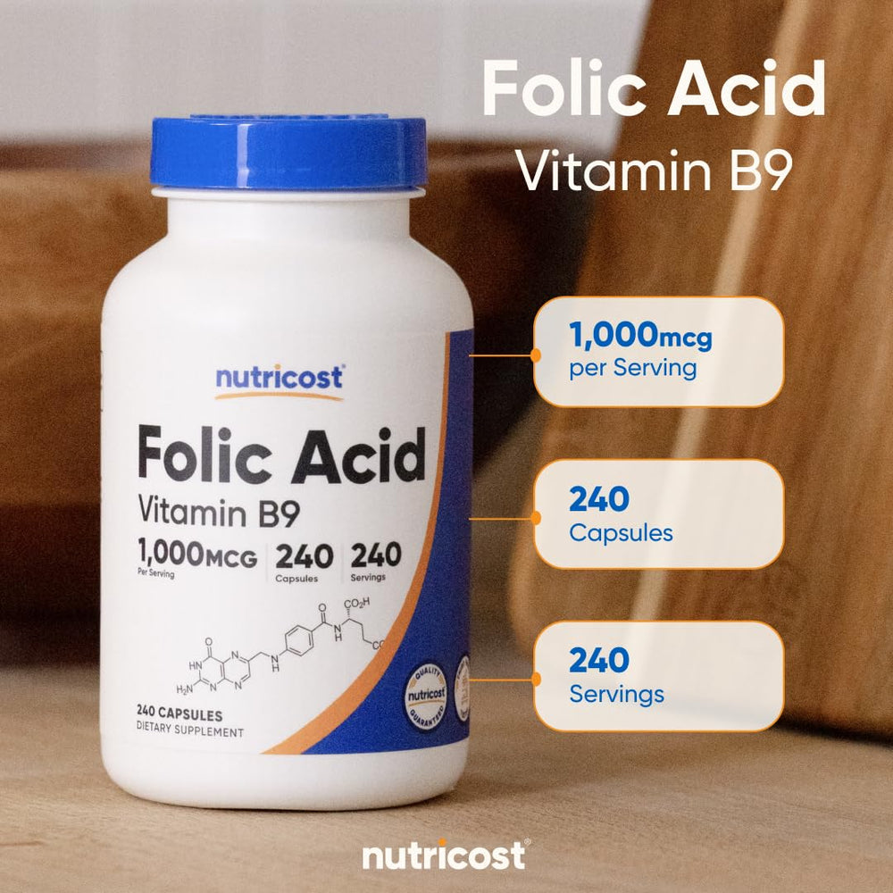 Nutricost Folic Acid bottle with certifications text on packaging