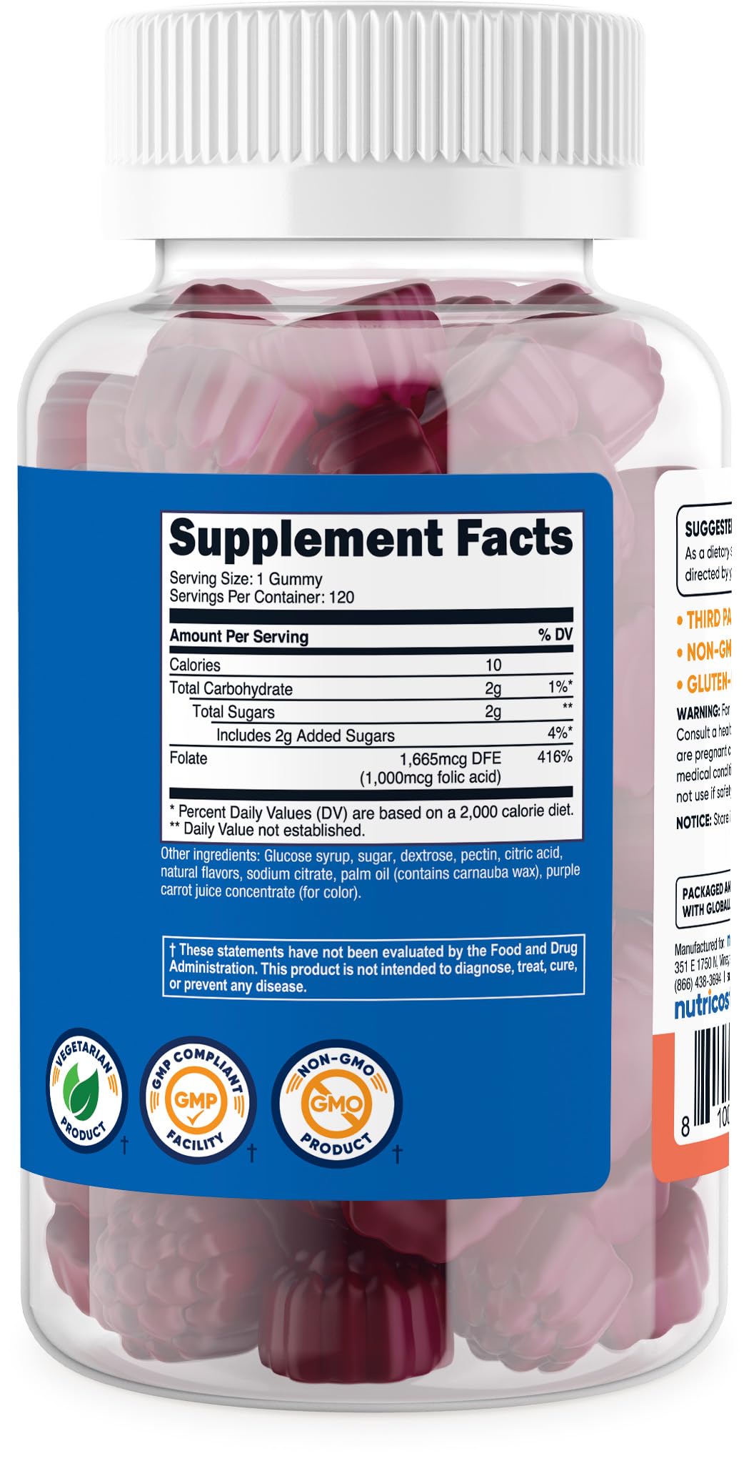 Nutricost Folic Acid Gummies close-up shows vibrant berry flavor and texture.