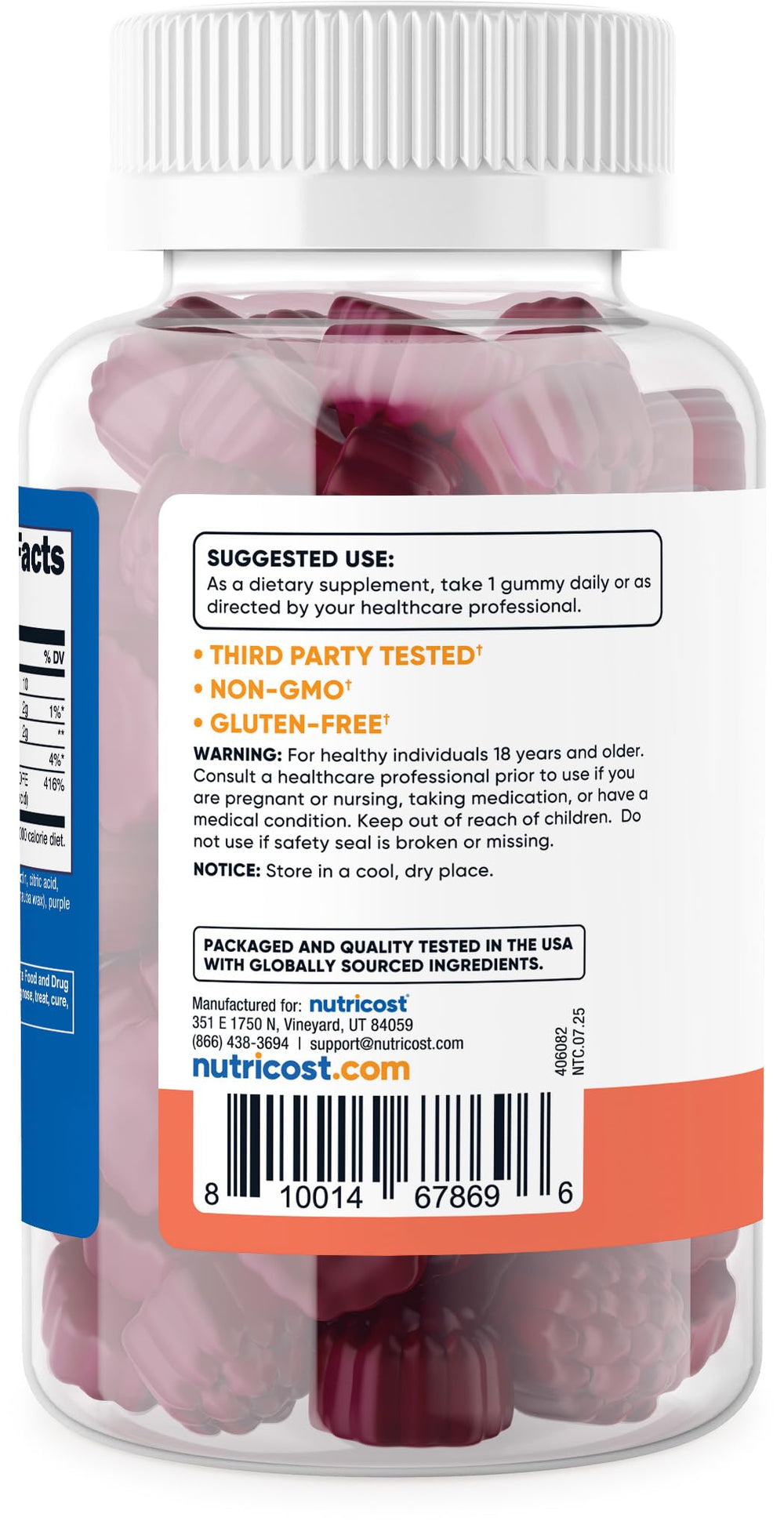Nutricost Folic Acid Gummies label highlighting quality standards.