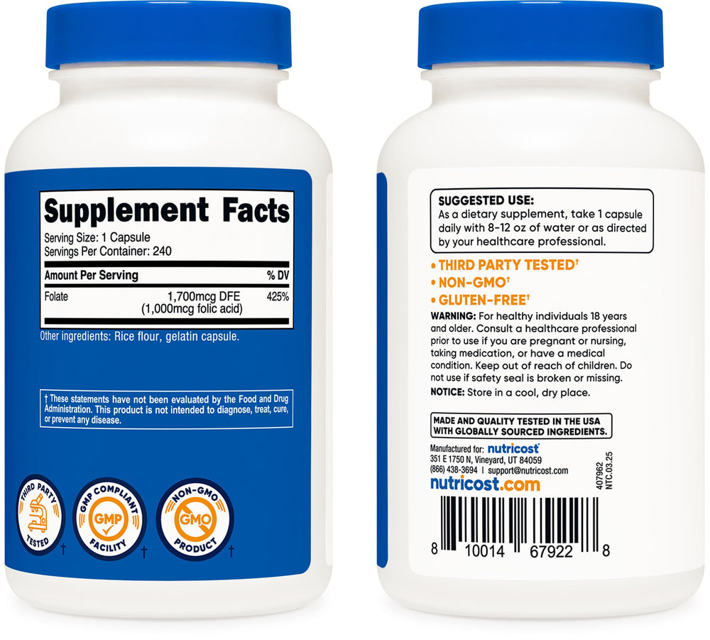Nutricost Folic Acid non-GMO seal on packaging