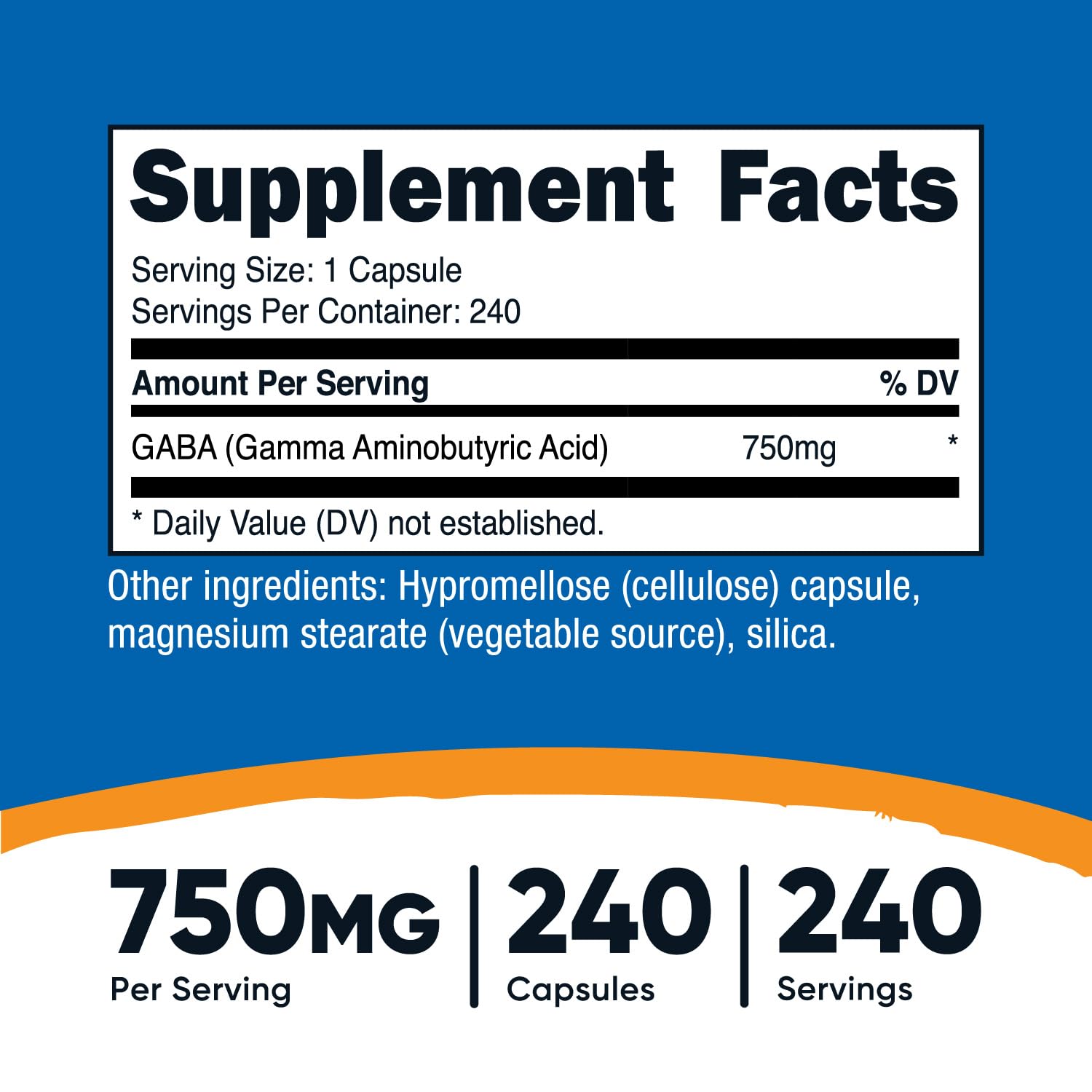 Nutricost GABA capsules close-up highlighting non-GMO and gluten-free formulation.
