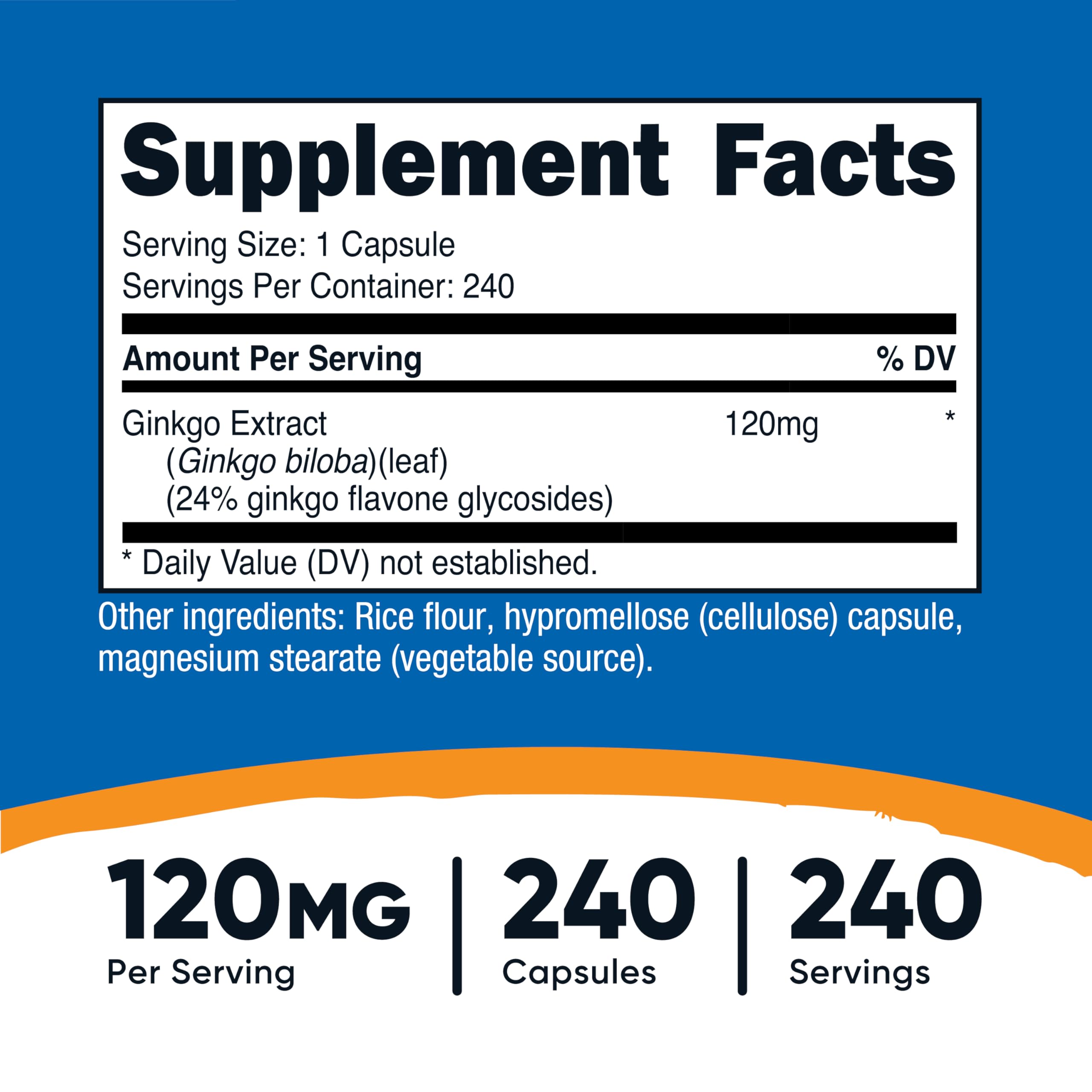 Nutricost Ginkgo Biloba 120mg capsules closeup showing 240-count supply