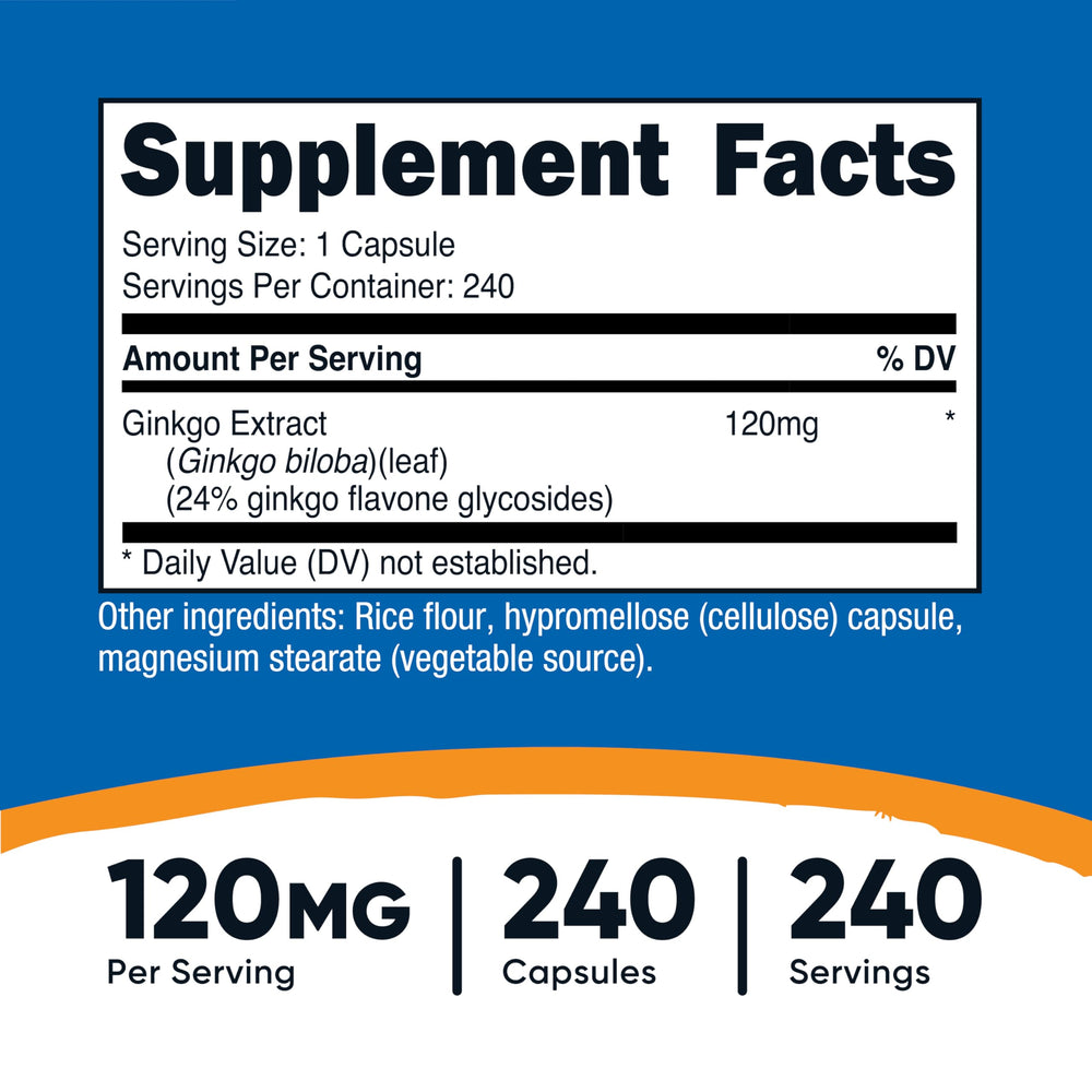Nutricost Ginkgo Biloba 120mg capsules closeup showing 240-count supply
