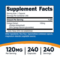 Nutricost Ginkgo Biloba 120mg capsules closeup showing 240-count supply