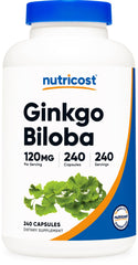Nutricost Ginkgo Biloba 120mg capsules front view highlighting high potency for daily focus