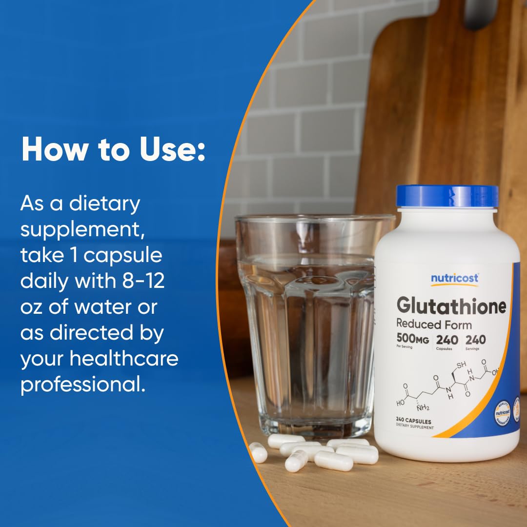 GMP and FDA registration icons on Nutricost Glutathione packaging.
