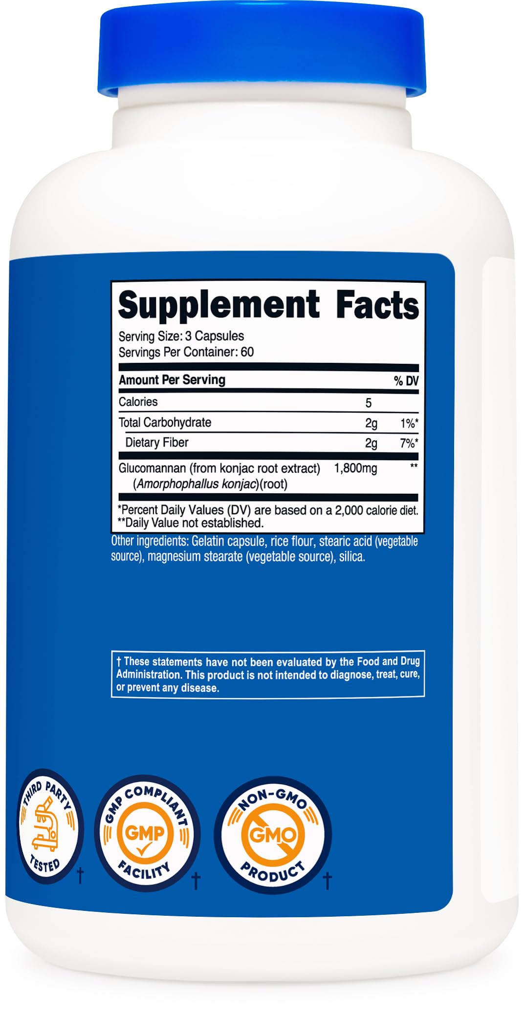 Nutricost Glucomannan bottle with label showing 60 servings per bottle for long-lasting use.