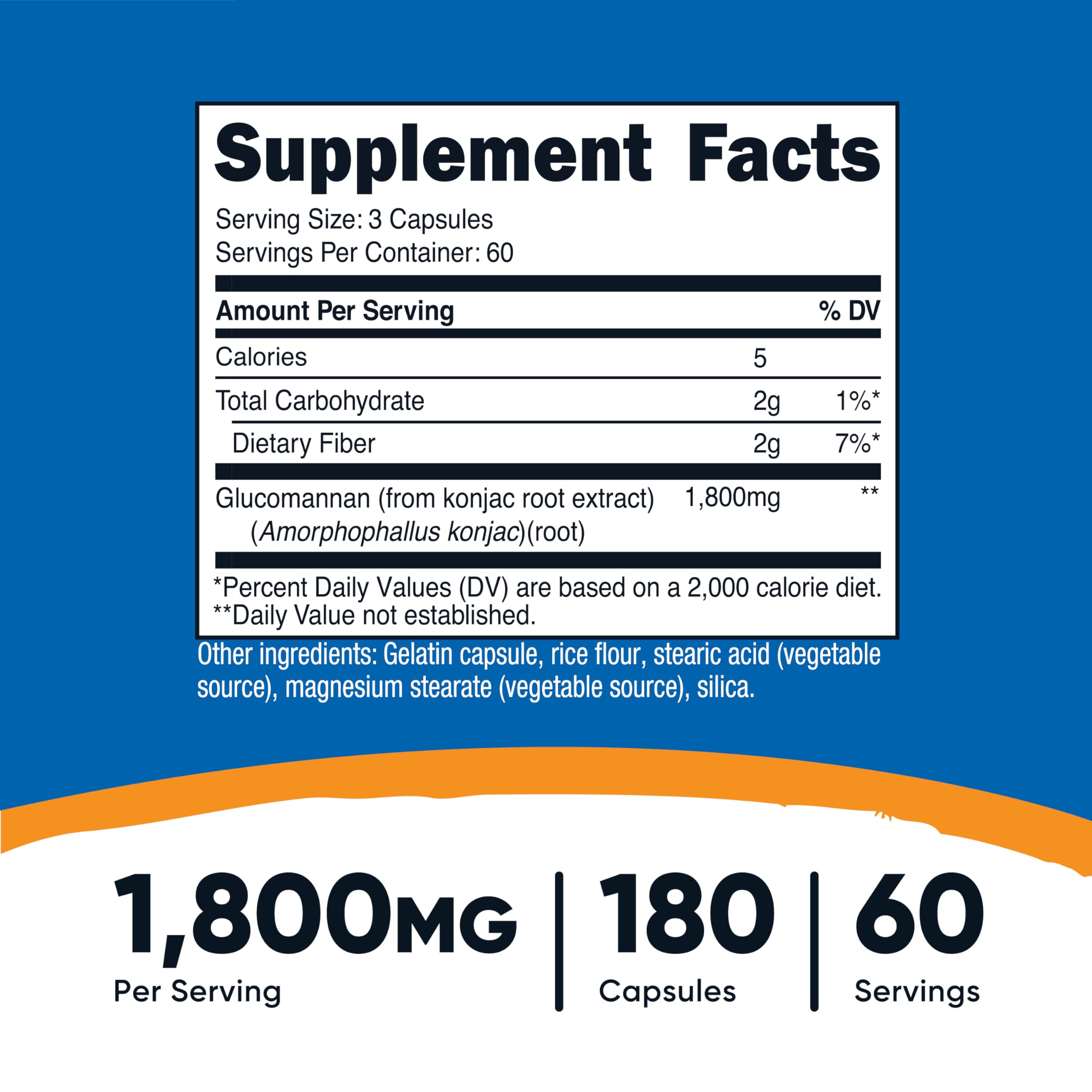 Nutricost Glucomannan capsules closeup emphasizing 1,800mg per serving for convenient intake.