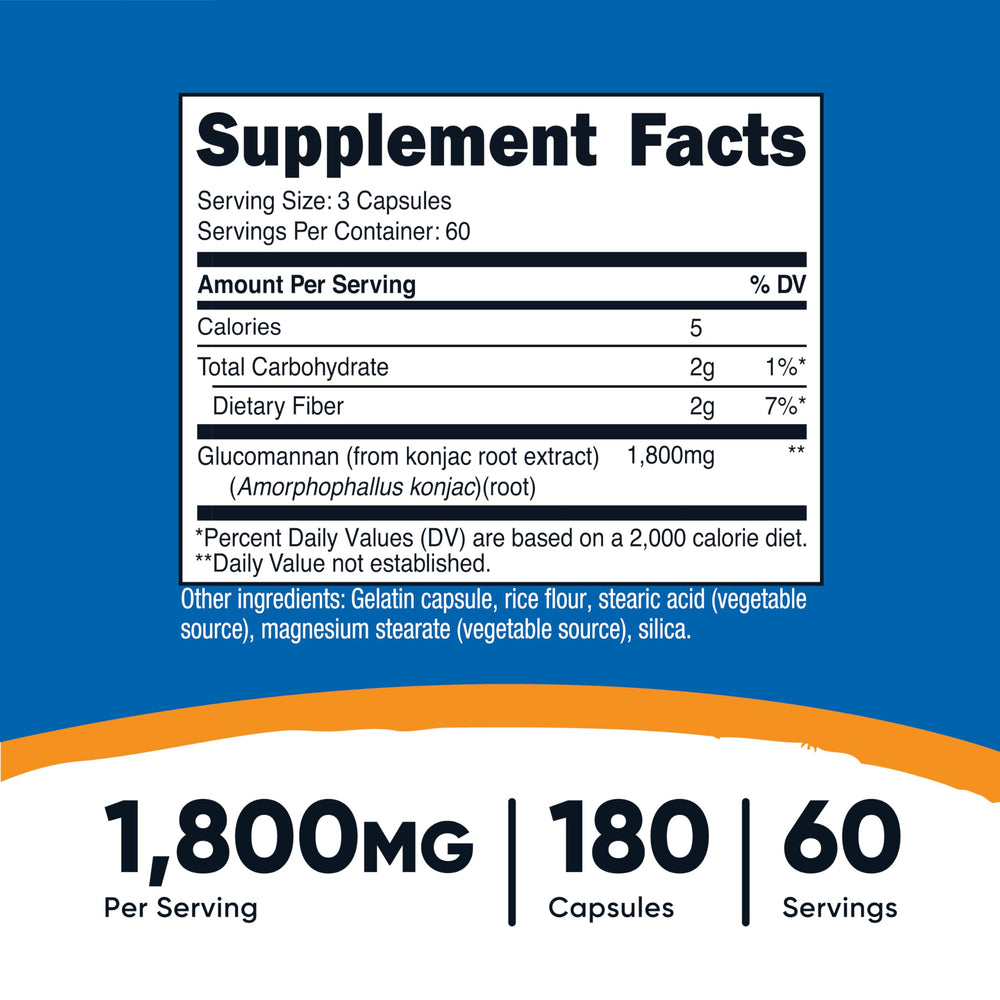 Nutricost Glucomannan capsules closeup emphasizing 1,800mg per serving for convenient intake.