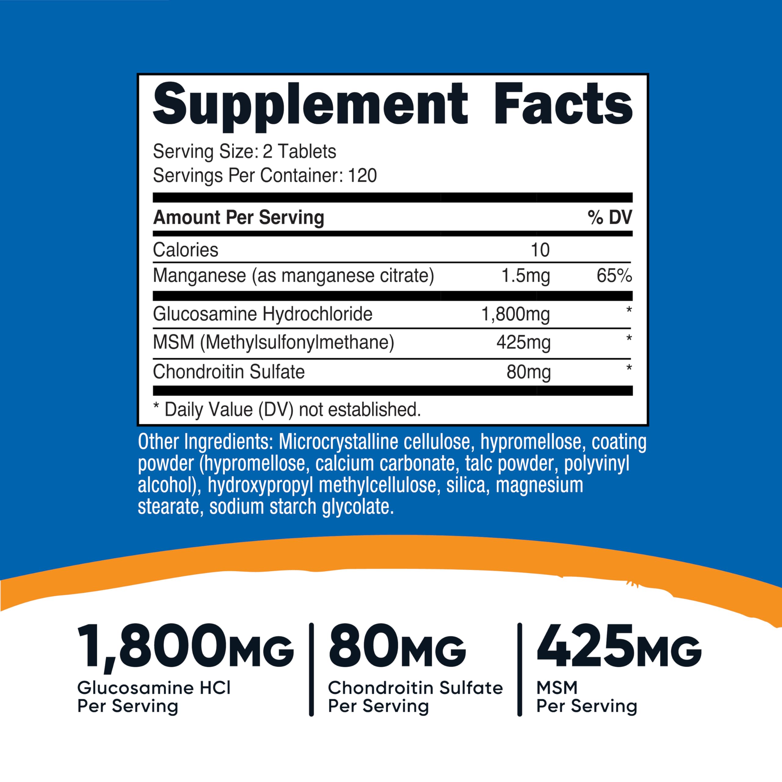 Close-up of Nutricost glucosamine tablets with chondroitin and MSM for joint care